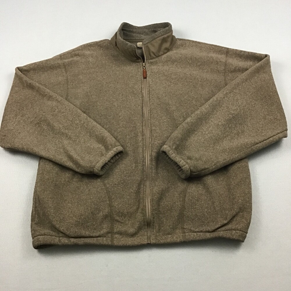 LL Bean Jacket Men Large Brown Solid Full Zip Fleece Pocket Outerwear Hiking USA